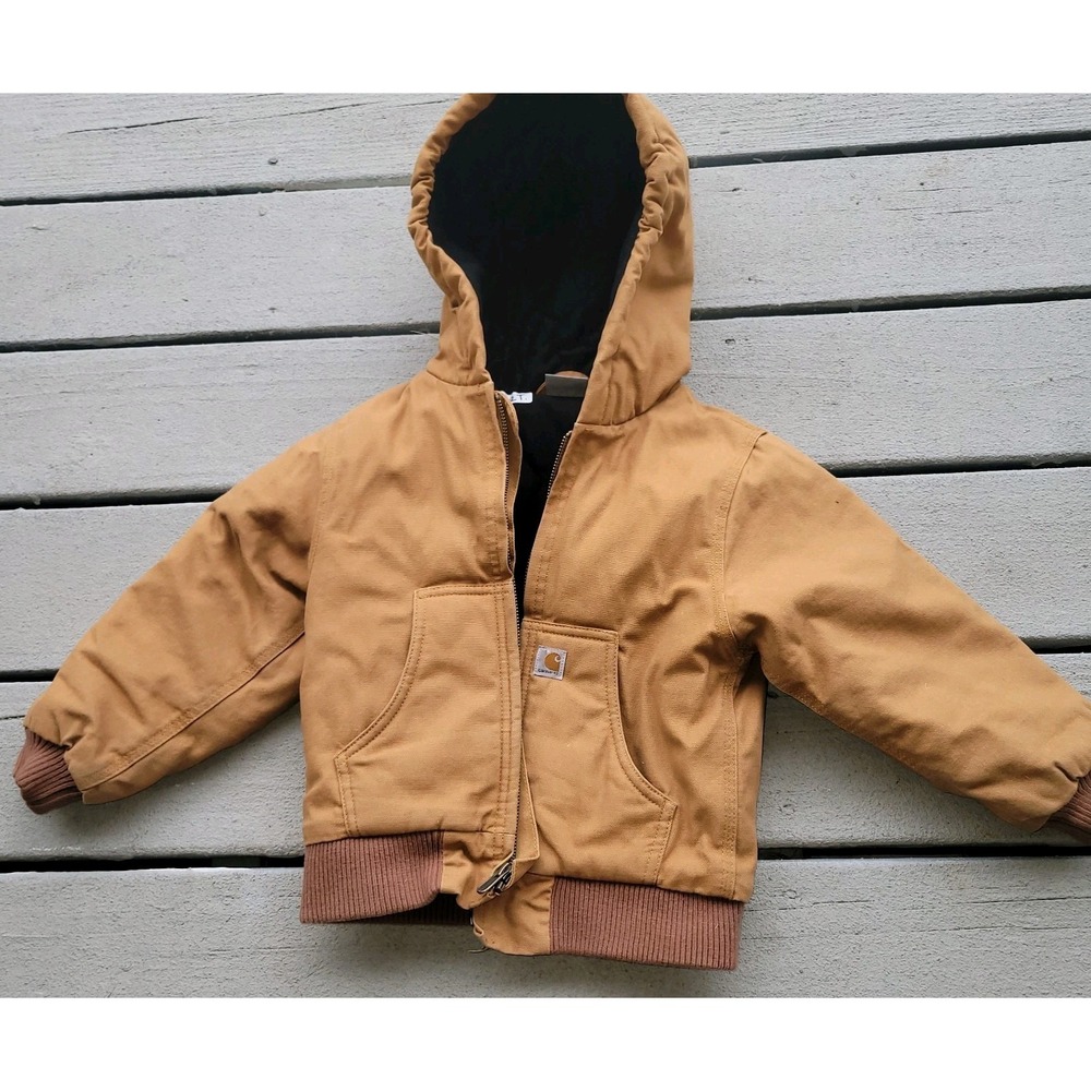 Carhartt Jacket Hooded Lined Duck Canvas Work Wear Tan Baby Toddler Kids Size 4T